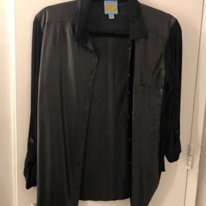 Button front pleather/knit mix shirt